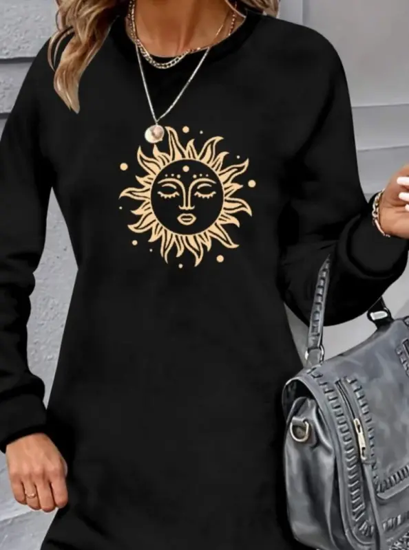 Женское платье из вискозы в два слоя с длинными рукавами, круглым вырезом и солнечным принтом - 3