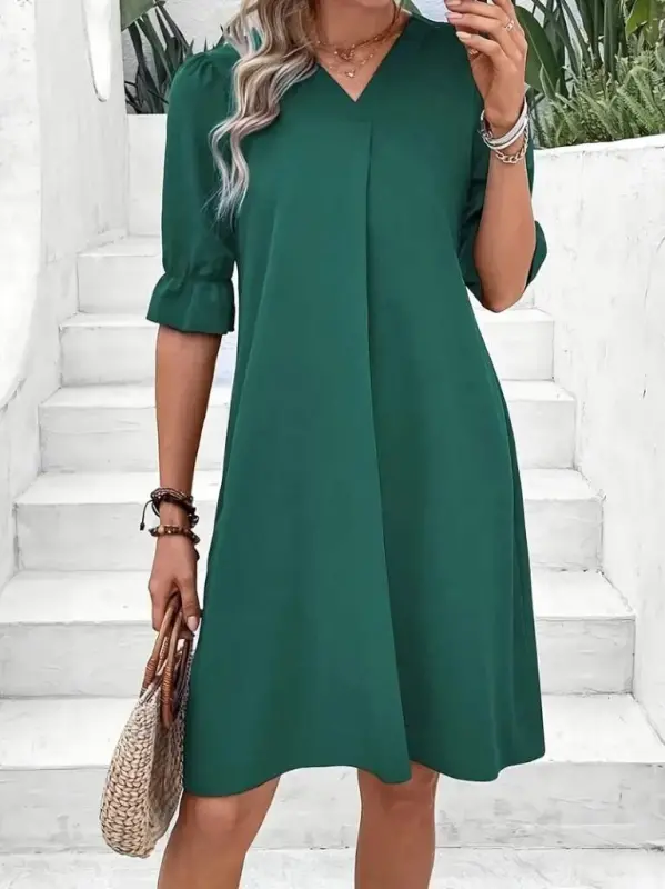 Женское платье из жатого крепа свободного кроя с V-образным вырезом и короткими рукавами - 4