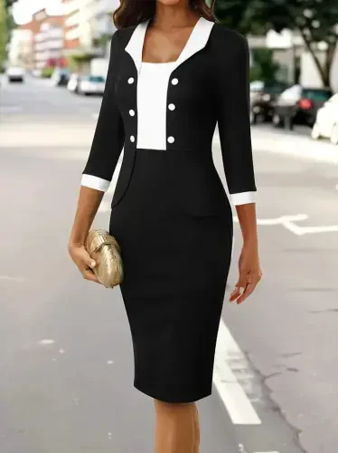 Женское платье-креп с рукавами три четверти, двухцветное, на пуговицах, короткое, импортное - BÜYÜKBEDENIZ (1)