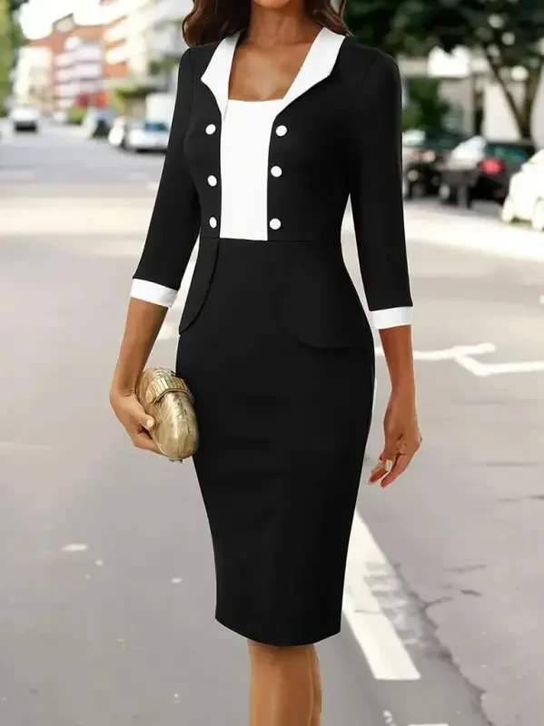 Женское платье-креп с рукавами три четверти, двухцветное, на пуговицах, короткое, импортное - 2