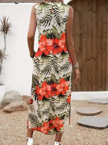 Женское платье-майка с круглым вырезом, карманами и узором из супрема - BÜYÜKBEDENIZ (1)