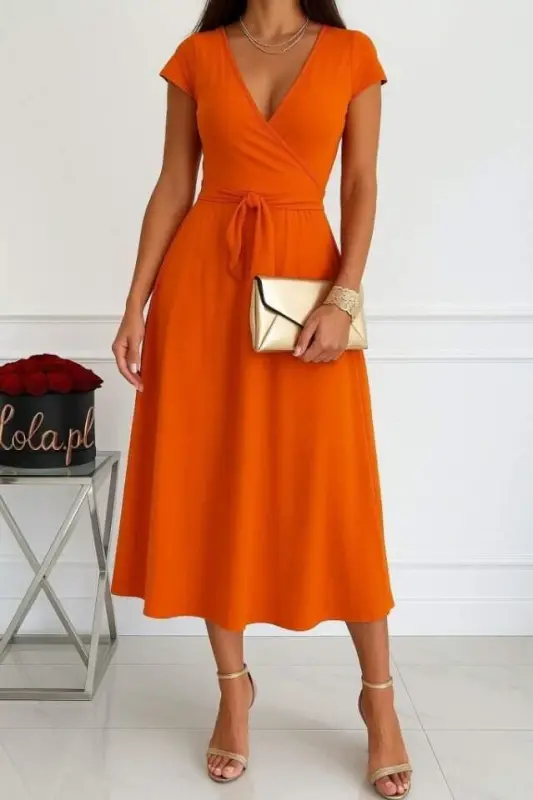 Женское платье макси из вискозы с короткими рукавами, V-образным вырезом и поясом на талии - 1