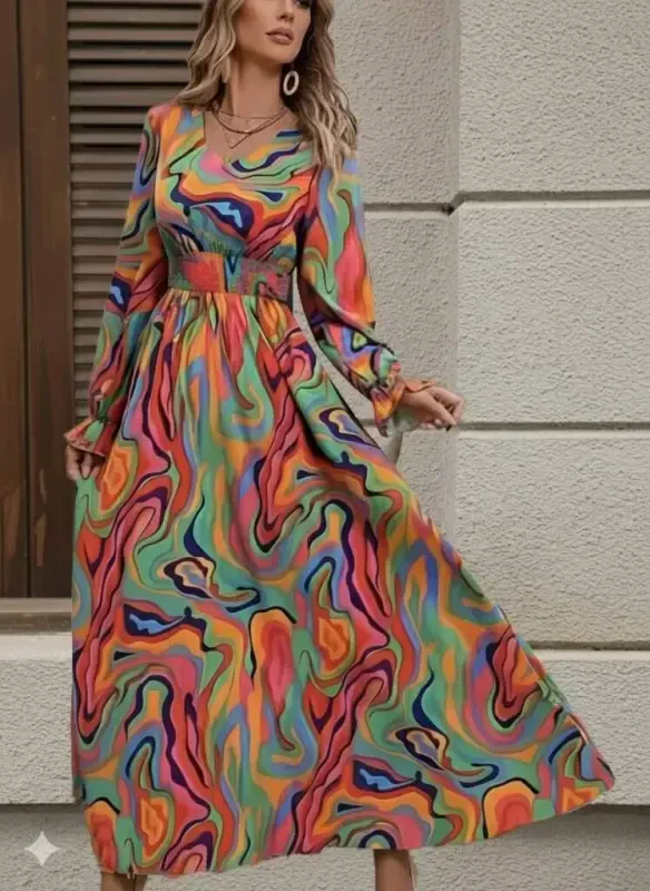 Женское платье макси в рубчик с длинными рукавами, V-образным вырезом и узором - 3