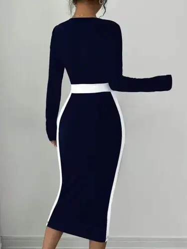 Женское платье миди из импортного крепа с геометрическим воротником и длинными рукавами - 4