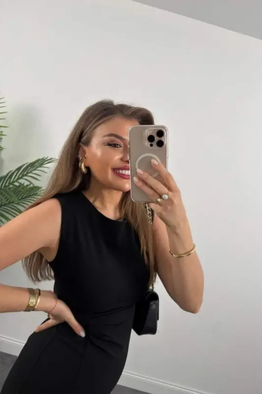 Женское платье миди из креп-жанара на бретелях, без рукавов, со сборкой на талии и разрезом - 7