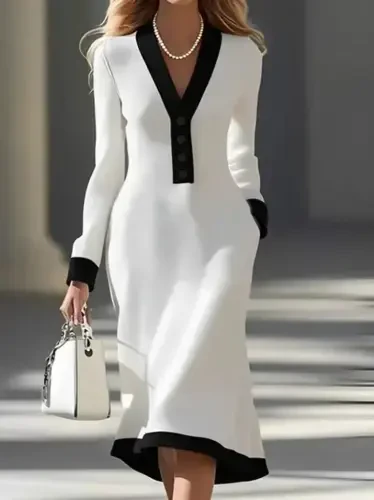 Женское платье миди из модала с длинными рукавами, V-образным вырезом и пуговицами - 1