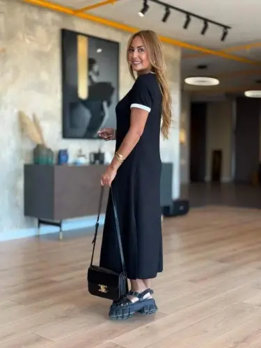 Женское платье миди из вискозы с короткими рукавами, круглым вырезом и боковым разрезом - 5