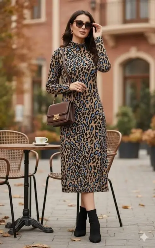 Женское платье миди с длинными рукавами, леопардовым принтом и воротником-стойкой - 1