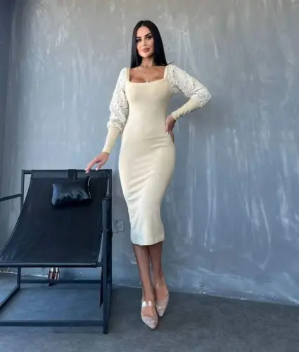 Женское платье миди с квадратным вырезом, манжетами на рукавах и тюлевыми деталями, акционное предложение - 4