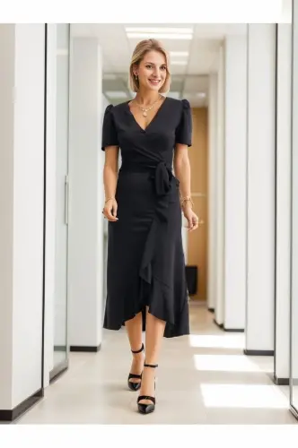 Женское платье-миди с запахом, поясом и крепом, 120 см - BÜYÜKBEDENIZ (1)