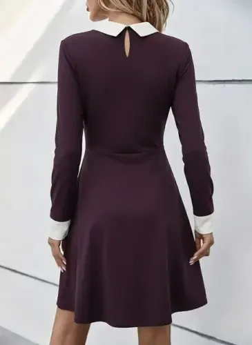 Женское платье мини из модала с длинными рукавами, воротником на пуговицах, сливовое - 3