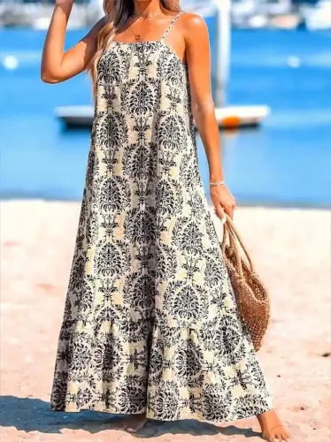 Женское платье на бретельках с рисунком и оборками из супрема - BÜYÜKBEDENIZ (1)