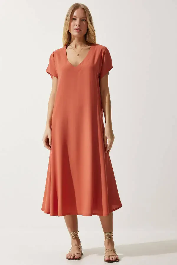 Женское платье оранжевое с V-образным вырезом, летнее, свободного кроя, вискозное EN00612 - 1