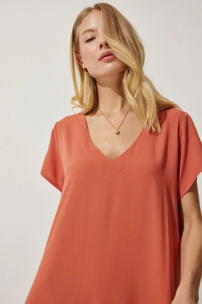 Женское платье оранжевое с V-образным вырезом, летнее, свободного кроя, вискозное EN00612 - 4