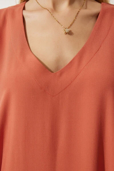 Женское платье оранжевое с V-образным вырезом, летнее, свободного кроя, вискозное EN00612 - 6