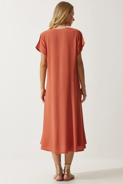 Женское платье оранжевое с V-образным вырезом, летнее, свободного кроя, вискозное EN00612 - 7