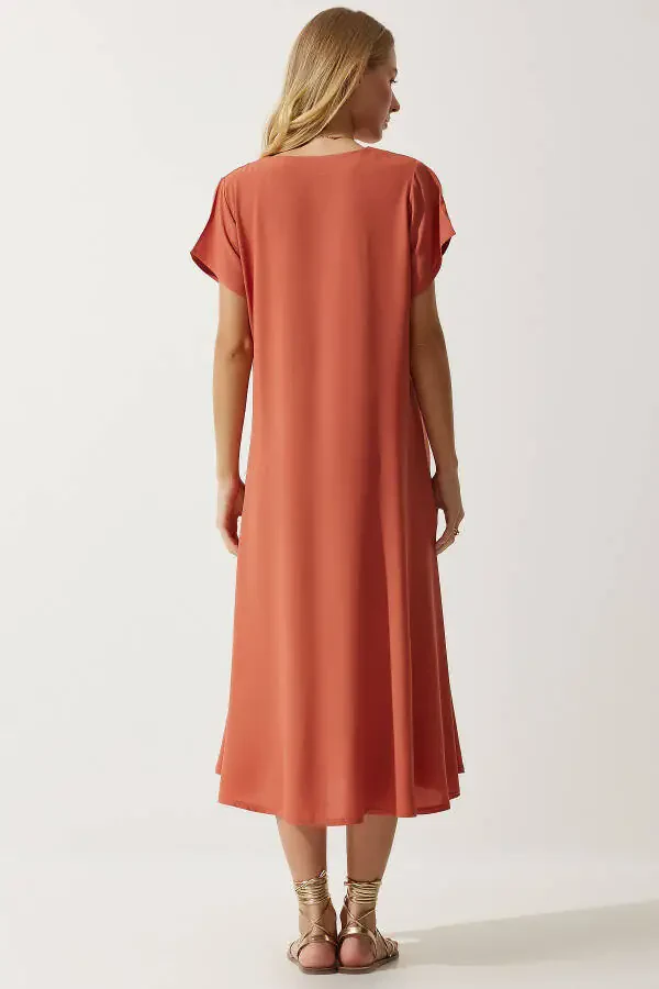 Женское платье оранжевое с V-образным вырезом, летнее, свободного кроя, вискозное EN00612 - 7