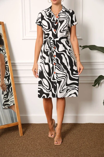 Женское платье-рубашка с коротким рукавом, черное, с принтом, поясом и завязками на талии ARM-22Y001058 - 8