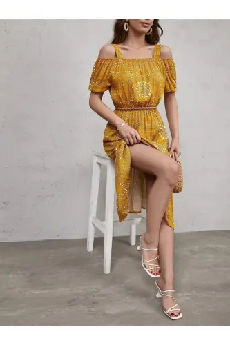 Женское платье с цветочным принтом в клетку горчичного цвета на бретельках с эластичной талией ARM-21K001202 - 4