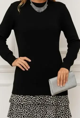 Женское платье с длинным рукавом, начесом внутри, кашемировое, с принтом из супрема - BÜYÜKBEDENIZ (1)