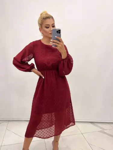 Женское платье с длинными рукавами, подкладкой, деталями, акционным товаром, помпонами и шифоном - BÜYÜKBEDENIZ (1)