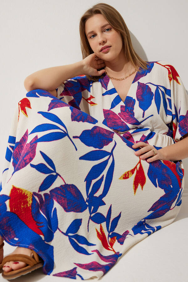 Женское платье с узором, воротником-конвертом, экрю, синего цвета, вязаное, DK00167 - 1