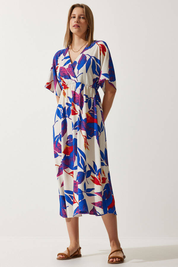 Женское платье с узором, воротником-конвертом, экрю, синего цвета, вязаное, DK00167 - 2