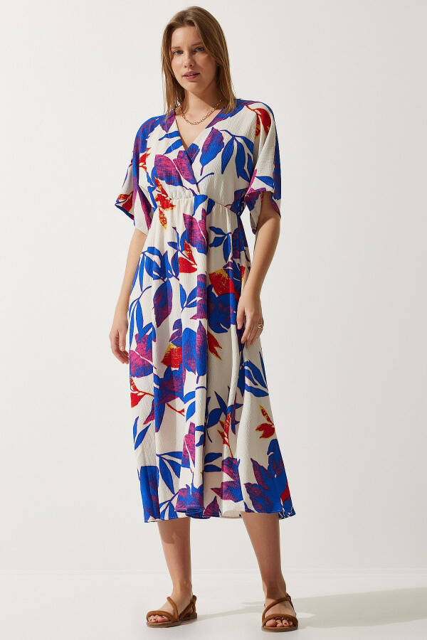 Женское платье с узором, воротником-конвертом, экрю, синего цвета, вязаное, DK00167 - 4