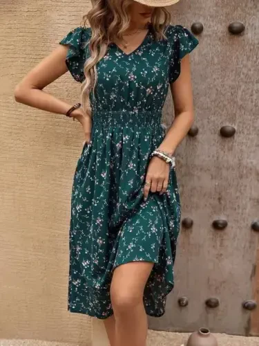 Женское платье-супер, с цветочным рисунком, коротким рукавом, V-образным вырезом и эластичной талией - 4