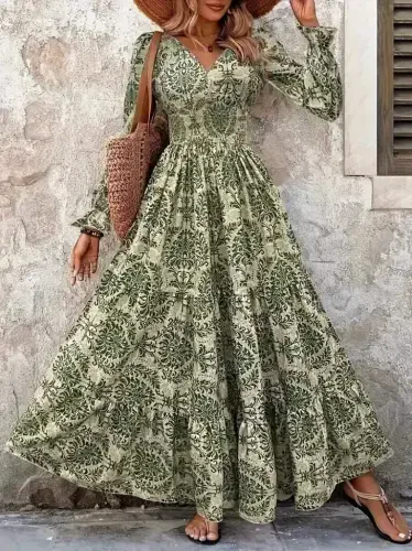 Женское платье супрем с длинным рукавом, V-образным вырезом и рисунком - 3