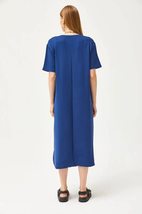Женское платье темно-синего цвета с V-образным вырезом, боковыми разрезами и мягкой тканью ELB-19002063 - 6