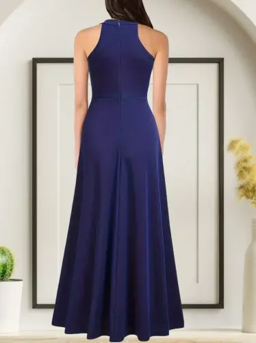 Женское платье в пол из жатого крепа с глубоким вырезом, американской проймой и разрезом. - BÜYÜKBEDENIZ (1)