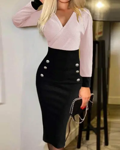 Женское платье в рубчик с длинными рукавами, запахом и пуговицами в стиле пэчворк - 1