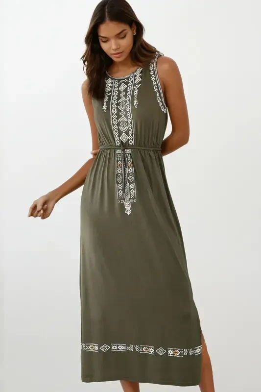 Женское платье в стиле бохо цвета хаки с вышивкой ALC-6564-ХАКИ - 1