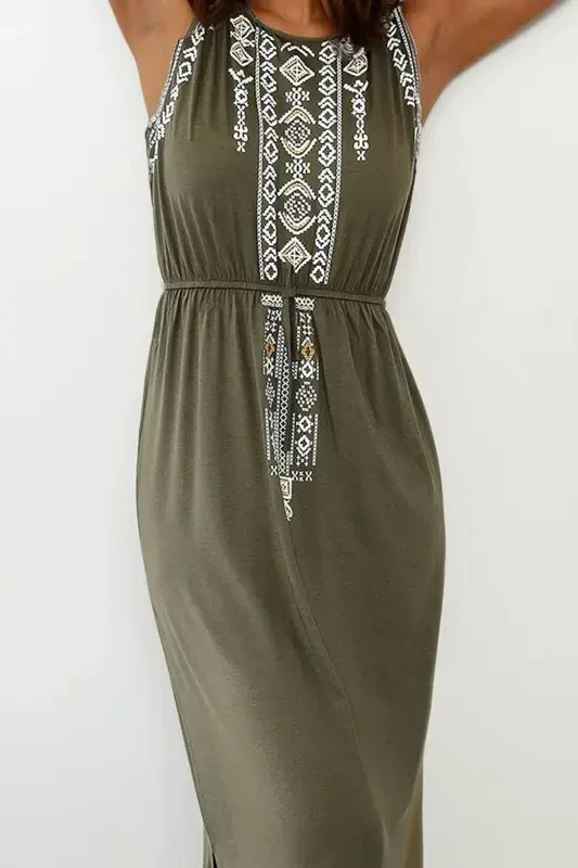 Женское платье в стиле бохо цвета хаки с вышивкой ALC-6564-ХАКИ - 3