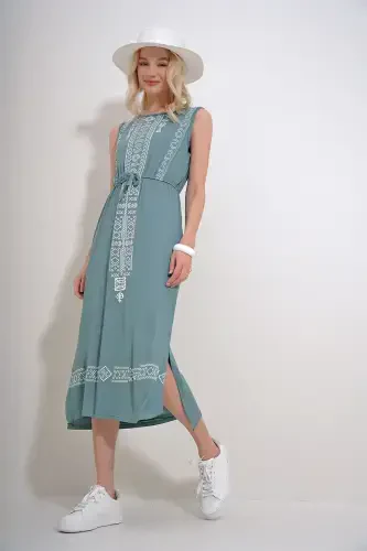 Женское платье в стиле бохо с мятным принтом и вышивкой ALC-6564-MINT - TREND ALAÇATI STILI (1)