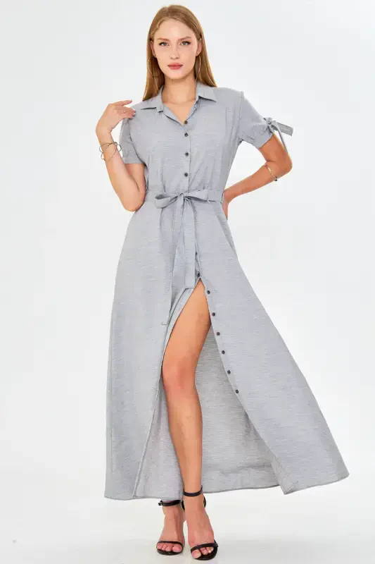 Женское Серое Платье-Рубашка с Рукавами с Завязками и Поясом ARM-23Y001004-Grey - 1