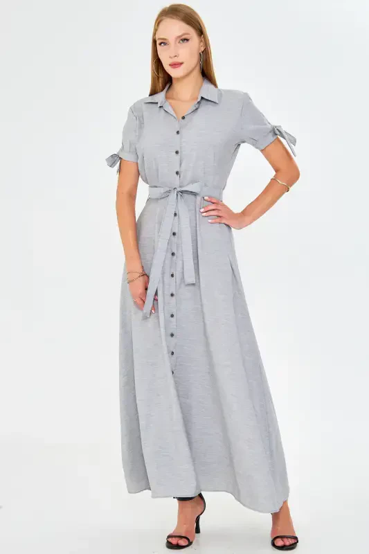 Женское Серое Платье-Рубашка с Рукавами с Завязками и Поясом ARM-23Y001004-Grey - 3