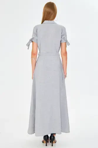 Женское Серое Платье-Рубашка с Рукавами с Завязками и Поясом ARM-23Y001004-Grey - 6