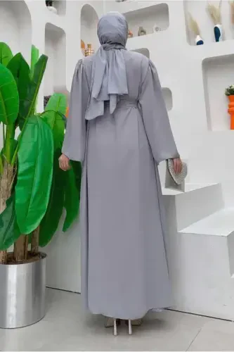 Женское серое платье-хиджаб с каменной отделкой T 5087-GRİ - TRENDTESETTÜR (1)