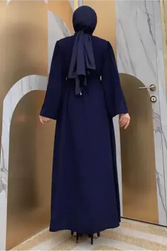 Женское темно-синее платье с каменной отделкой T 5087-DARK BLUE - 4