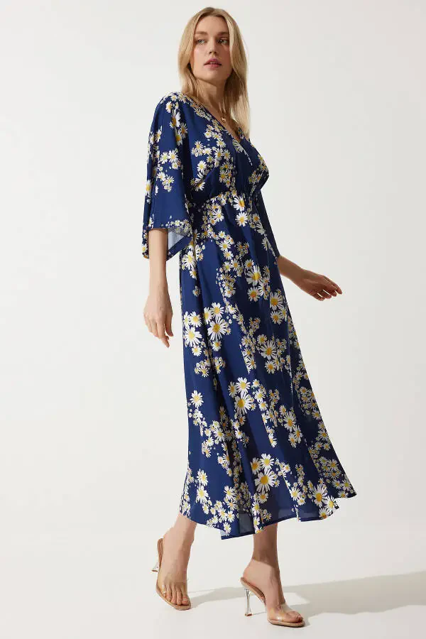 Женское темно-синее с желтым, с рисунком, летнее вискозное платье с воротником-конвертом DK00166 - 2