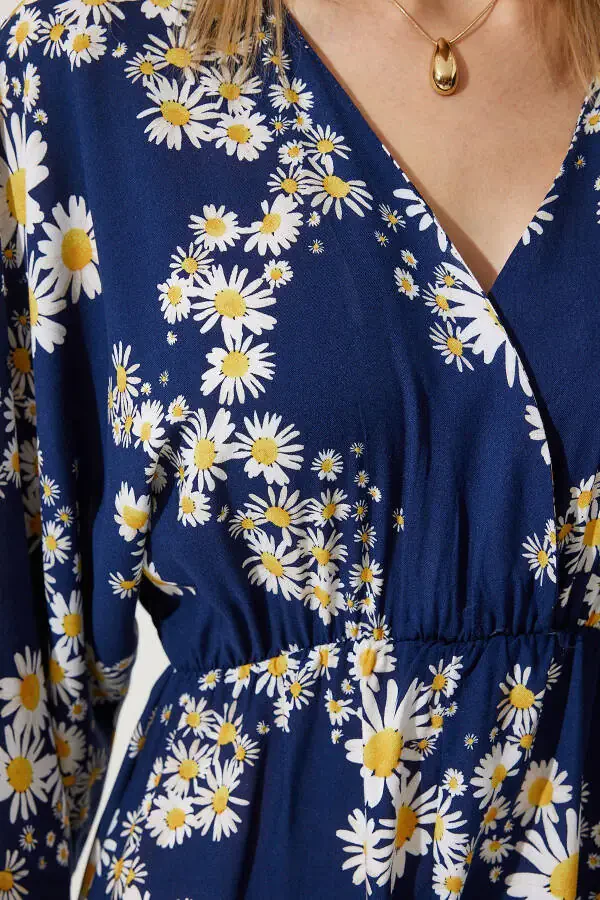 Женское темно-синее с желтым, с рисунком, летнее вискозное платье с воротником-конвертом DK00166 - 4