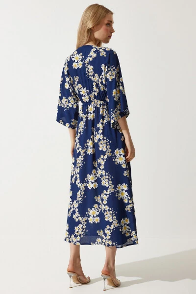 Женское темно-синее с желтым, с рисунком, летнее вискозное платье с воротником-конвертом DK00166 - 5