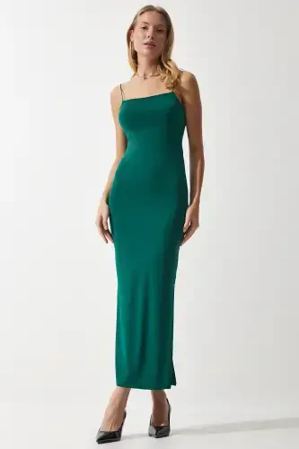 Женское Темно-зеленое Платье на бретельках с разрезом облегающее Sandy DZ00114-Темно-зеленый - Modazone (1)