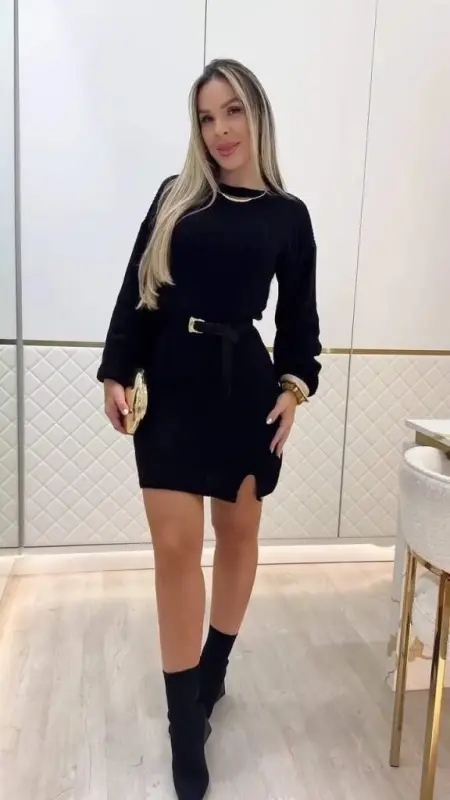 Женское трикотажное мини-платье с длинными рукавами и круглым вырезом - BÜYÜKBEDENIZ