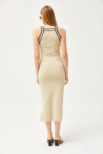 Женское трикотажное платье-макси с халтером и вырезом под горло, ELB-19002070-Taş - 7