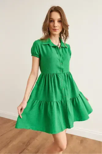 Женское зеленое платье-рубашка с вставками ELB-19002358-Yeş - 6