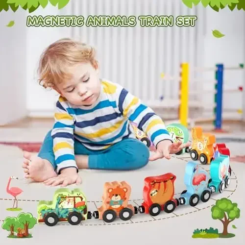 Zeoddler Toys for Toddlers, 11 Magnetic Wooden Animals Train Set, Montessori Toys for Toddlers, Learning Activities, Sensory Activities for Kids, Birthday Gifts for Boys, Girls - 2