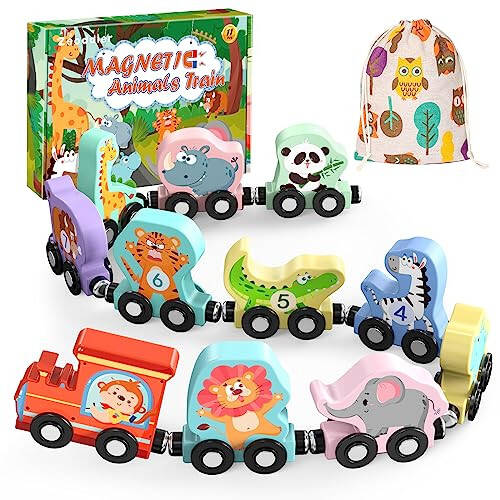 Zeoddler Toys for Toddlers, 11 Magnetic Wooden Animals Train Set, Montessori Toys for Toddlers, Preschool Learning Activities for Kids, Birthday Gifts for Boys, Girls - 43